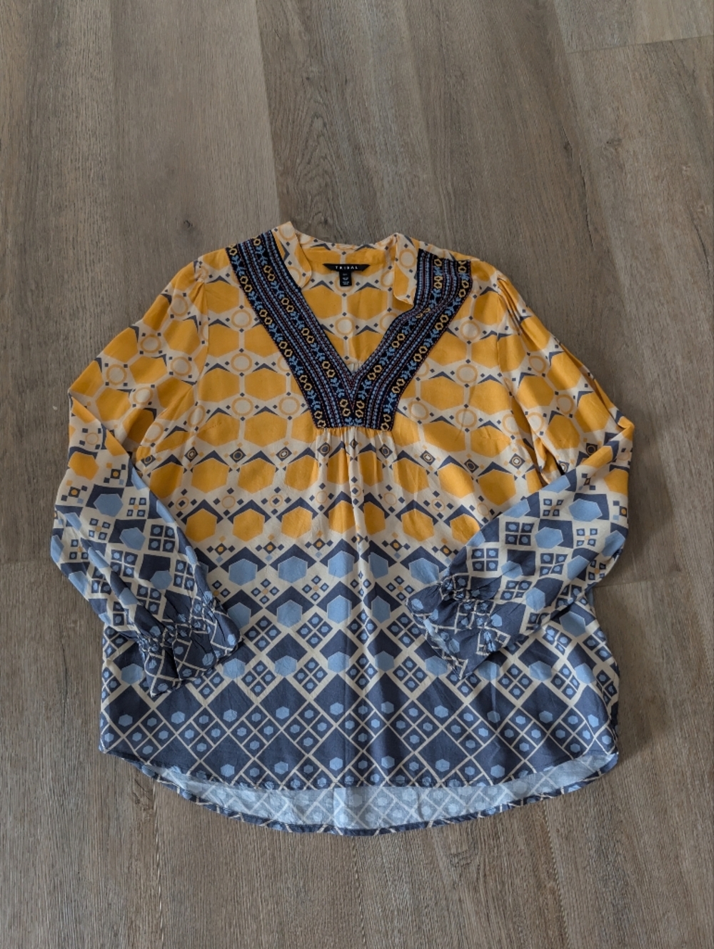 Tribal Yellow and Blue Geometric Print Blouse